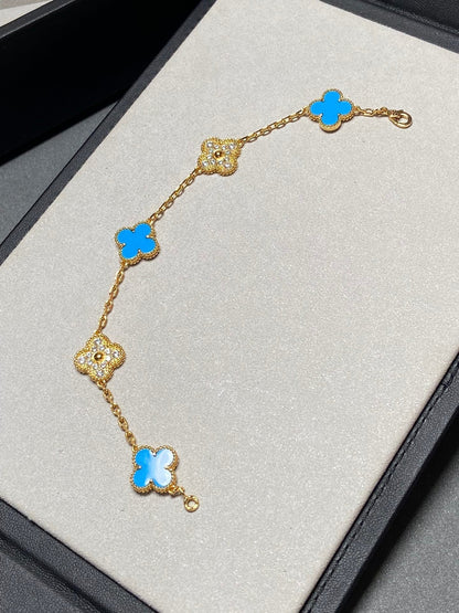 [Windsor Jewelry]CLOVER 5 MOTIF BLUE CHALCEDONY DIAMOND GOLD BRACELET