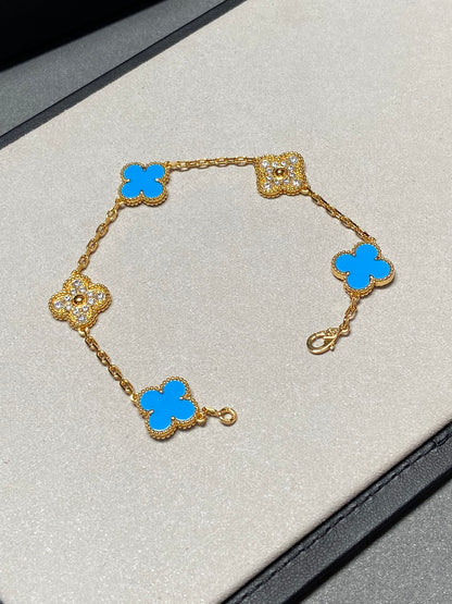 [Windsor Jewelry]CLOVER 5 MOTIF BLUE CHALCEDONY DIAMOND GOLD BRACELET