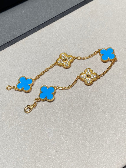 [Windsor Jewelry]CLOVER 5 MOTIF BLUE CHALCEDONY DIAMOND GOLD BRACELET