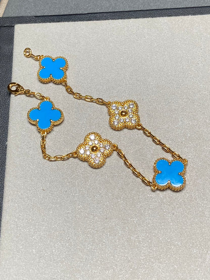 [Windsor Jewelry]CLOVER 5 MOTIF BLUE CHALCEDONY DIAMOND GOLD BRACELET