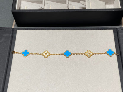 [Windsor Jewelry]CLOVER 5 MOTIF BLUE CHALCEDONY DIAMOND GOLD BRACELET
