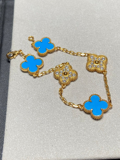 [Windsor Jewelry]CLOVER 5 MOTIF BLUE CHALCEDONY DIAMOND GOLD BRACELET