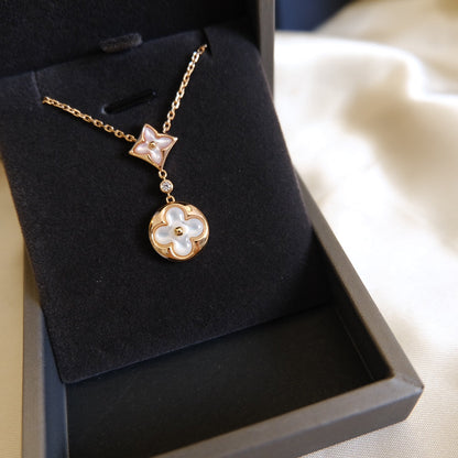 [Windsor Jewelry]STAR AND SUN WHITE MOP 2 MOTIF PINK GOLD NECKLACE