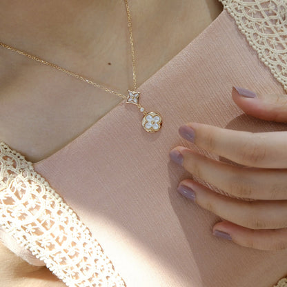 [Windsor Jewelry]STAR AND SUN WHITE MOP 2 MOTIF PINK GOLD NECKLACE