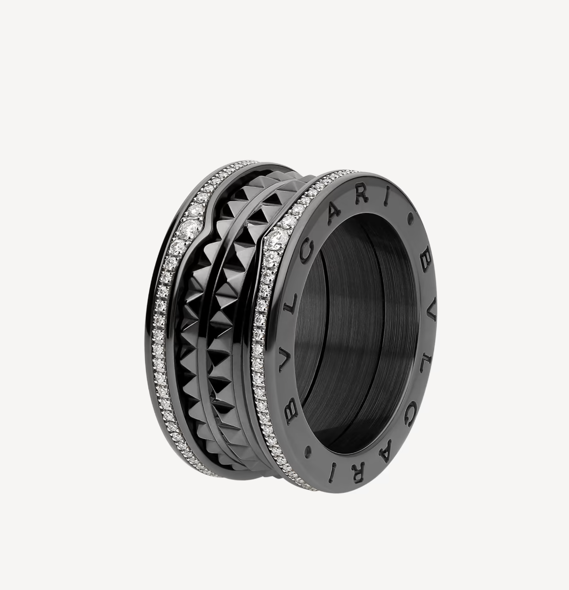 [Windsor Jewelry]ZERO 1 ROCK FOUR-BAND BLACK CERAMIC WITH STUDDED SPIRAL AND PAVED DIAMONDS RING