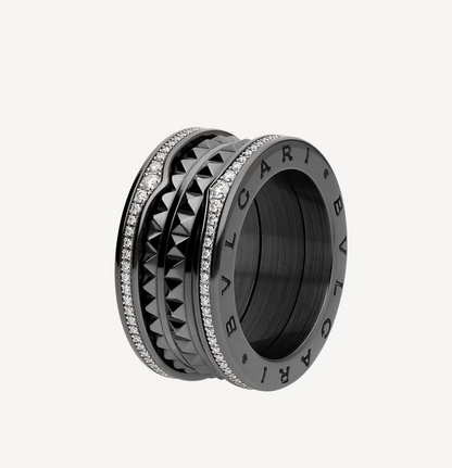 [Windsor Jewelry]ZERO 1 ROCK FOUR-BAND BLACK CERAMIC WITH STUDDED SPIRAL AND PAVED DIAMONDS RING