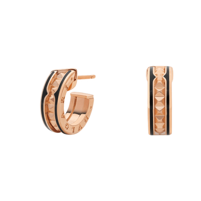 [Windsor Jewelry]ZERO 1 ROCK PINK GOLD EARRINGS WITH STUDDED SPIRAL AND BLACK CERAMIC