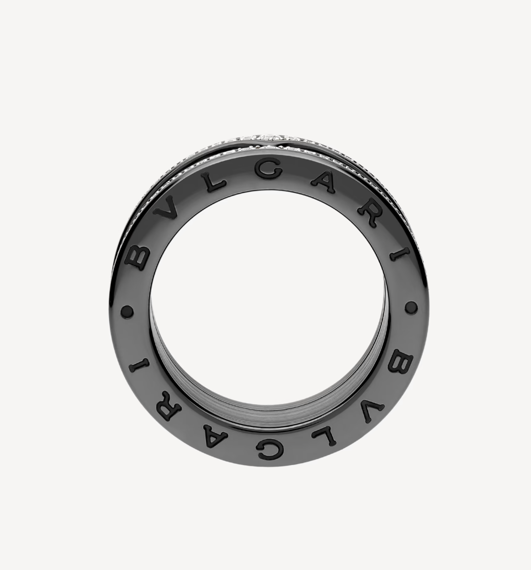 [Windsor Jewelry]ZERO 1 ROCK FOUR-BAND BLACK CERAMIC WITH STUDDED SPIRAL AND PAVED DIAMONDS RING