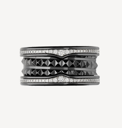 [Windsor Jewelry]ZERO 1 ROCK FOUR-BAND BLACK CERAMIC WITH STUDDED SPIRAL AND PAVED DIAMONDS RING