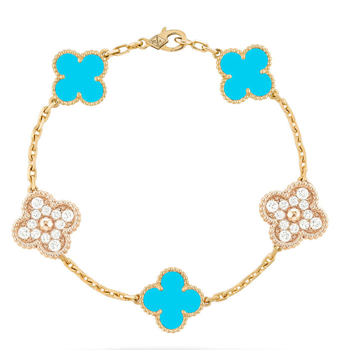 [Windsor Jewelry]CLOVER 5 MOTIF TURQUOISE DIAMOND GOLD BRACELET