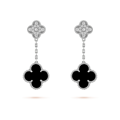 [Windsor Jewelry]CLOVER 2 MOTIFS  DIAMOND ONYX EARRINGS SILVER