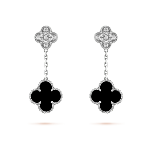 [Windsor Jewelry]CLOVER 2 MOTIFS  DIAMOND ONYX EARRINGS SILVER