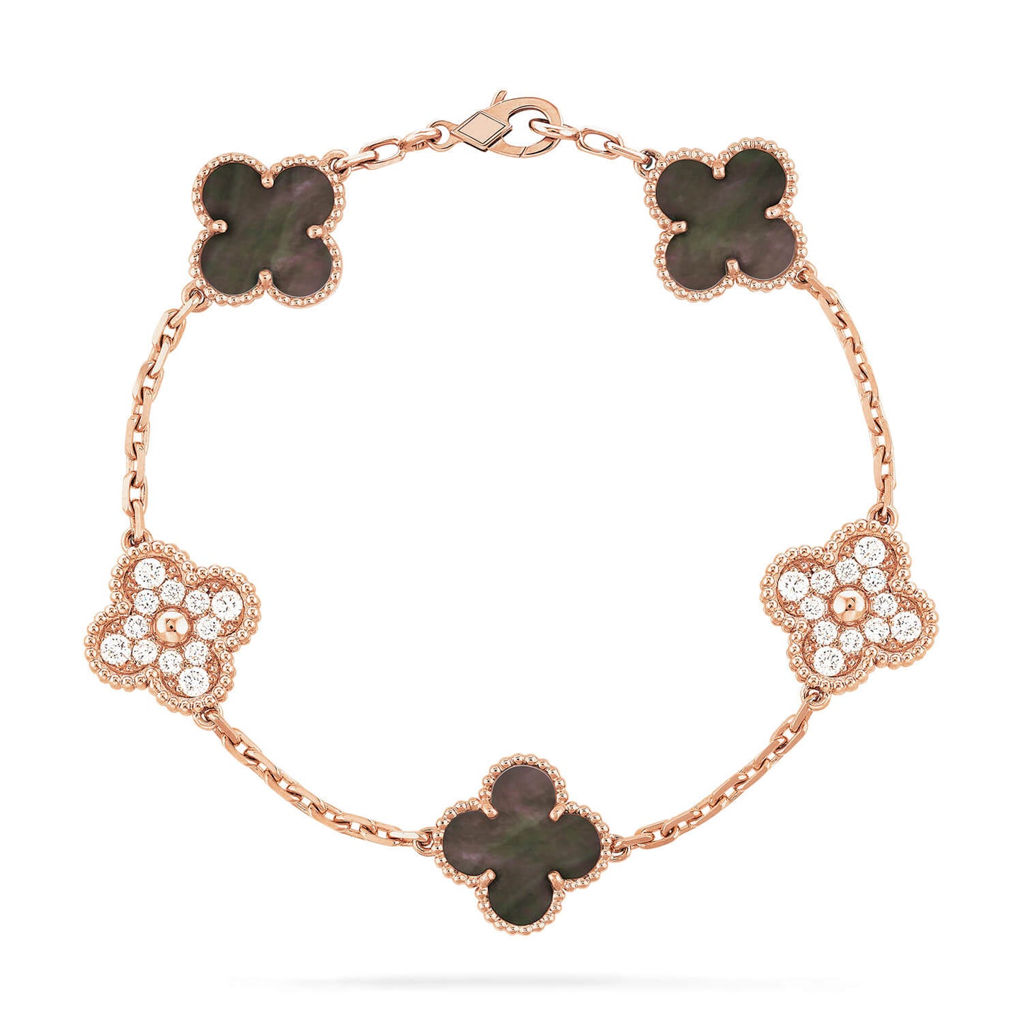 [Windsor Jewelry]CLOVER 5 MOTIFS DARK MOP AND DIAMONDS PINK GOLD BRACELET