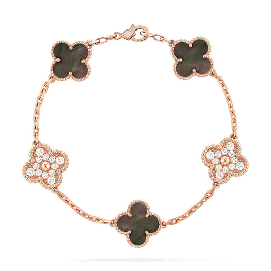 [Windsor Jewelry]CLOVER 5 MOTIFS DARK MOP AND DIAMONDS PINK GOLD BRACELET