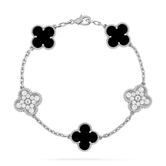 [Windsor Jewelry]CLOVER 5 MOTIF ONYXS DIAMOND BRACELET SILVER