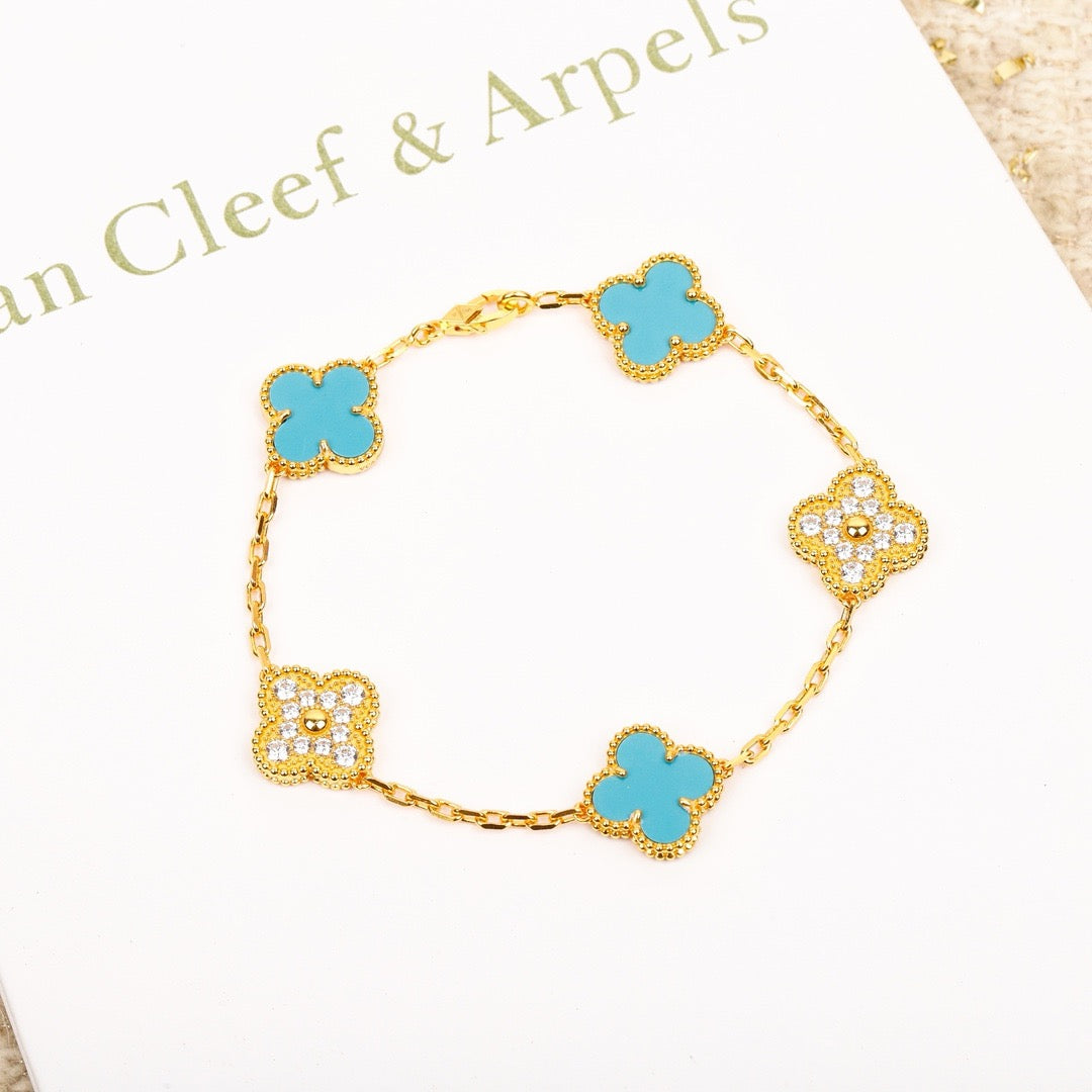 [Windsor Jewelry]CLOVER 5 MOTIF TURQUOISE DIAMOND GOLD BRACELET