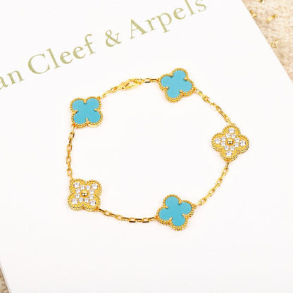 [Windsor Jewelry]CLOVER 5 MOTIF TURQUOISE DIAMOND GOLD BRACELET
