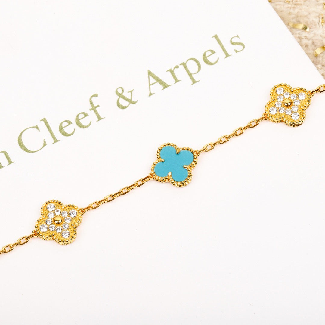 [Windsor Jewelry]CLOVER 5 MOTIF TURQUOISE DIAMOND GOLD BRACELET