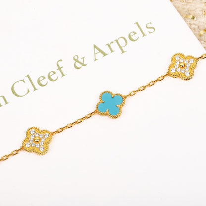 [Windsor Jewelry]CLOVER 5 MOTIF TURQUOISE DIAMOND GOLD BRACELET