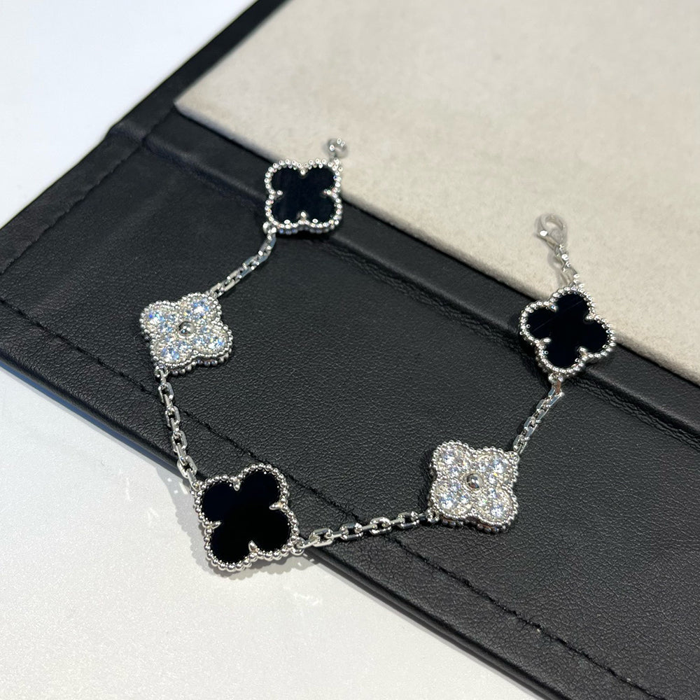 [Windsor Jewelry]CLOVER 5 MOTIF ONYXS DIAMOND BRACELET SILVER