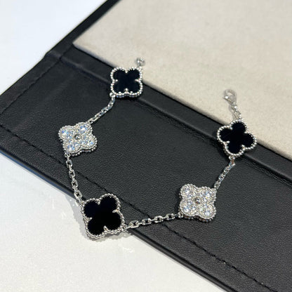 [Windsor Jewelry]CLOVER 5 MOTIF ONYXS DIAMOND BRACELET SILVER