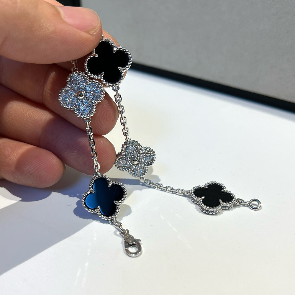 [Windsor Jewelry]CLOVER 5 MOTIF ONYXS DIAMOND BRACELET SILVER