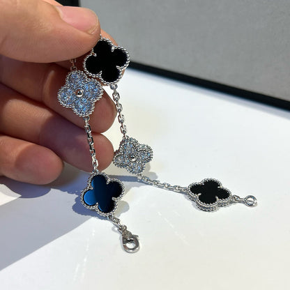 [Windsor Jewelry]CLOVER 5 MOTIF ONYXS DIAMOND BRACELET SILVER
