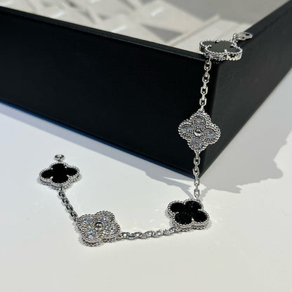 [Windsor Jewelry]CLOVER 5 MOTIF ONYXS DIAMOND BRACELET SILVER