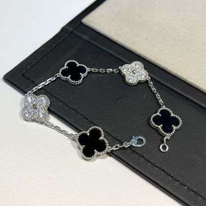 [Windsor Jewelry]CLOVER 5 MOTIF ONYXS DIAMOND BRACELET SILVER
