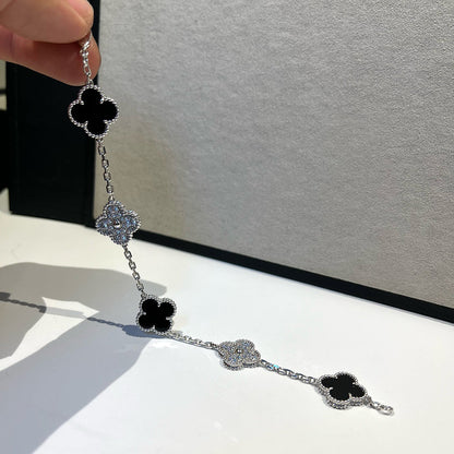 [Windsor Jewelry]CLOVER 5 MOTIF ONYXS DIAMOND BRACELET SILVER