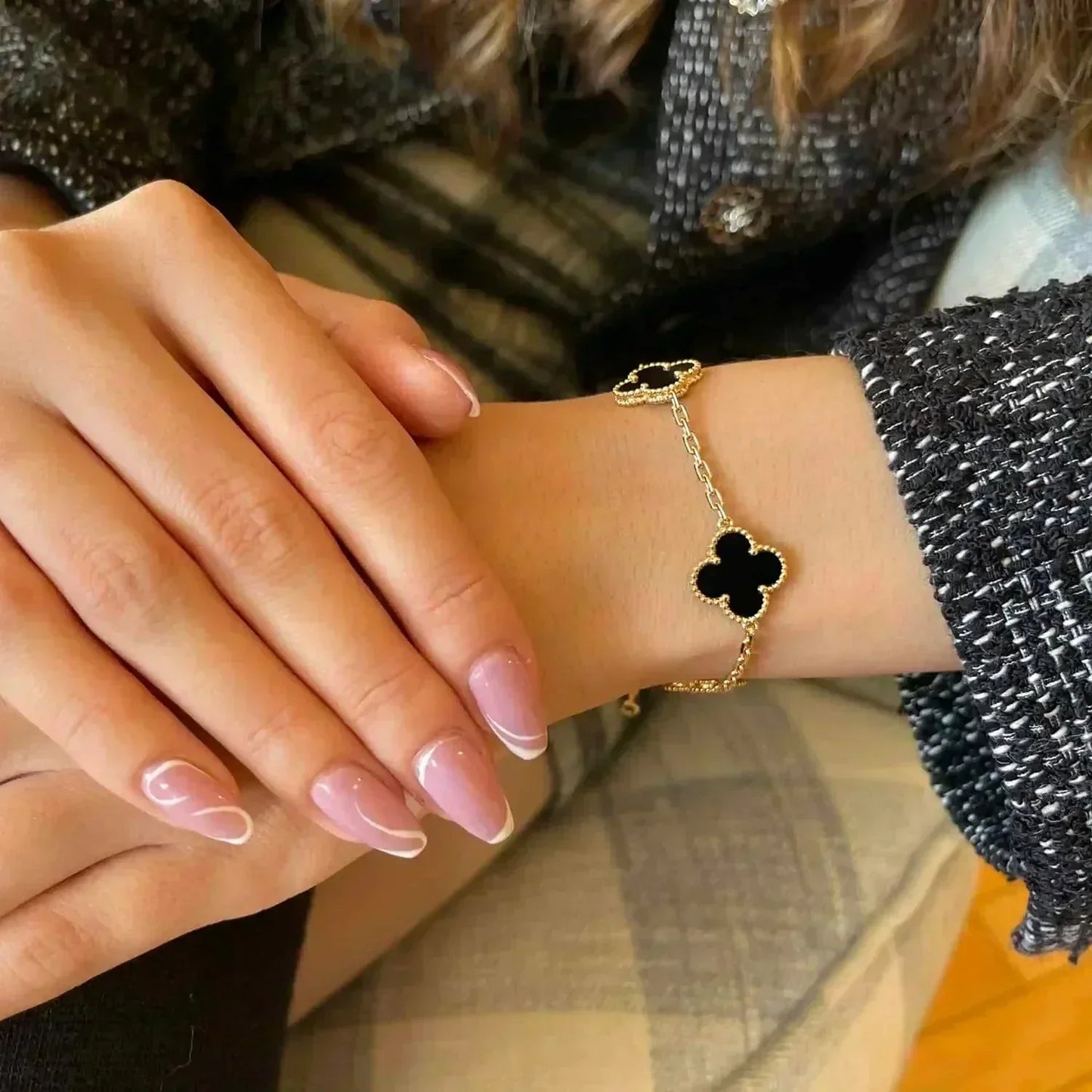 [Windsor Jewelry]CLOVER  5 MOTIFS BLACK ONYX BRACELET