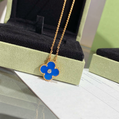 [Windsor Jewelry]CLOVER 15MM DIAMOND AND BLUE AGATE NECKLACE