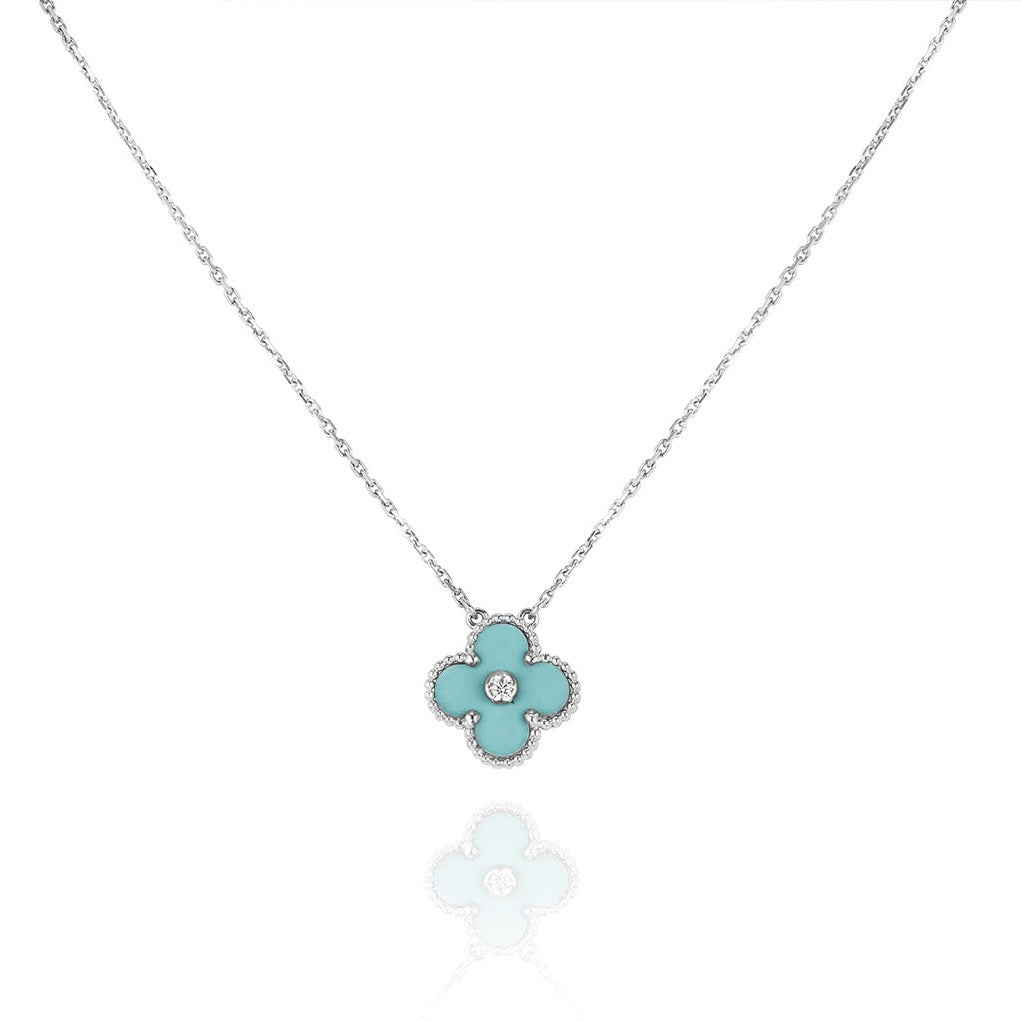 [Windsor Jewelry]CLOVER 1 DIAMOND LIGHT BLUE SILVER NECKLACE