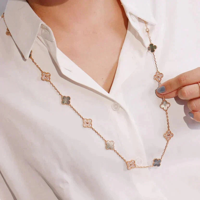 [Windsor Jewelry]CLOVER 20 MOTIFS DARK MOP DIAMOND  NECKLACE