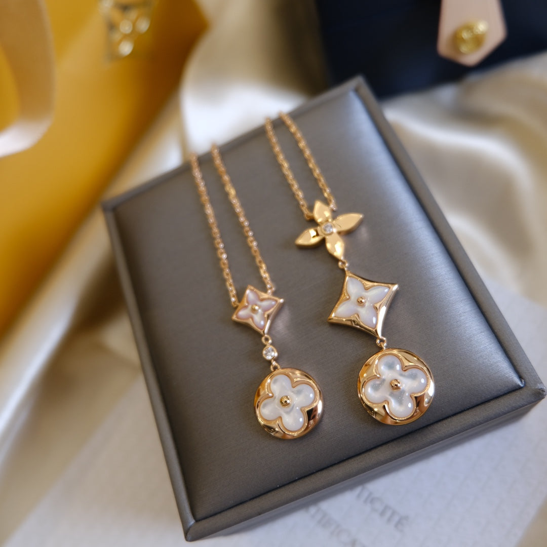 [Windsor Jewelry]COLOR BLOSSOM LARIAT NECKLACE PINK GOLD WHITE MOTHER PEARL AND DIAMOND