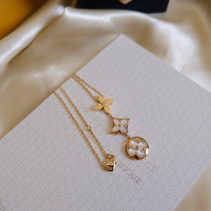 [Windsor Jewelry]COLOR BLOSSOM LARIAT NECKLACE PINK GOLD WHITE MOTHER PEARL AND DIAMOND