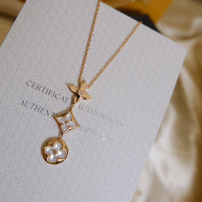 [Windsor Jewelry]COLOR BLOSSOM LARIAT NECKLACE PINK GOLD WHITE MOTHER PEARL AND DIAMOND