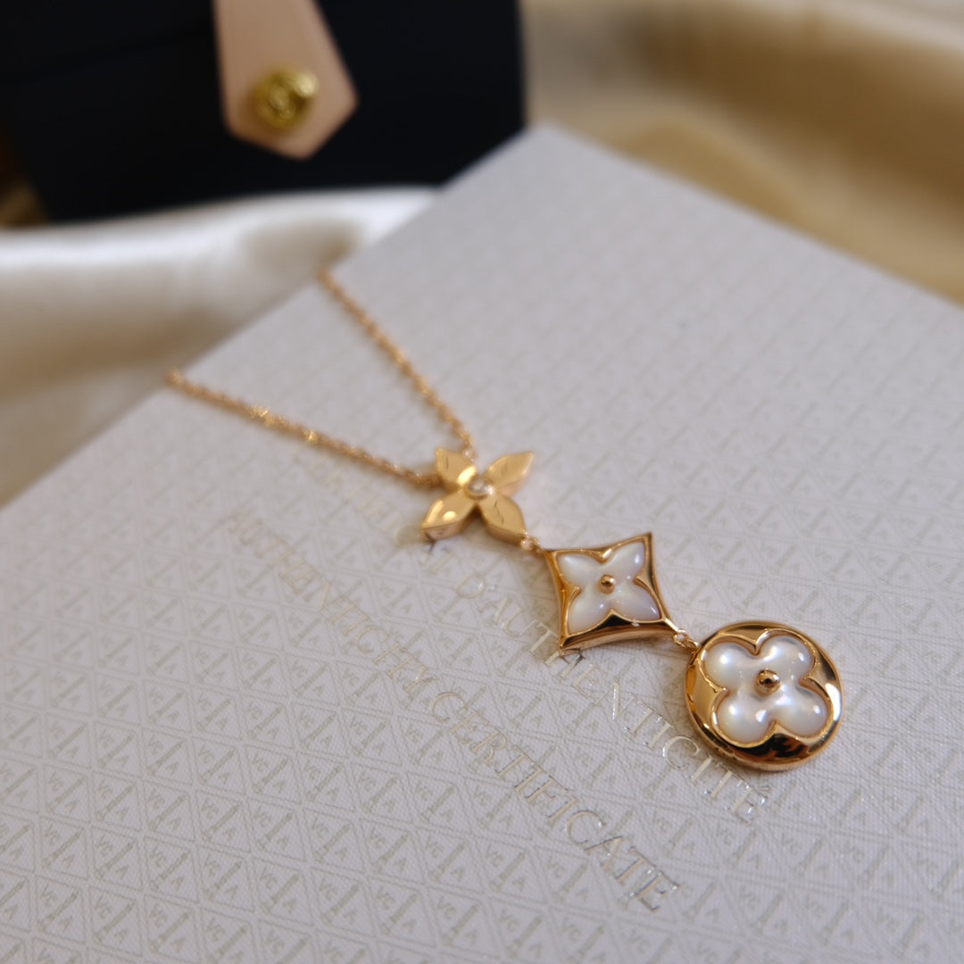 [Windsor Jewelry]COLOR BLOSSOM LARIAT NECKLACE PINK GOLD WHITE MOTHER PEARL AND DIAMOND