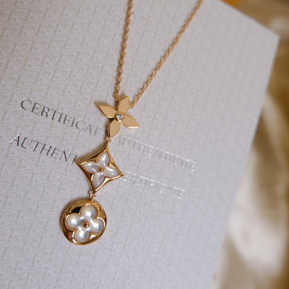 [Windsor Jewelry]COLOR BLOSSOM LARIAT NECKLACE PINK GOLD WHITE MOTHER PEARL AND DIAMOND