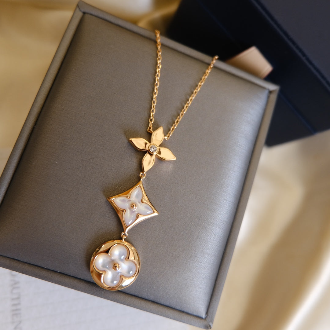 [Windsor Jewelry]COLOR BLOSSOM LARIAT NECKLACE PINK GOLD WHITE MOTHER PEARL AND DIAMOND