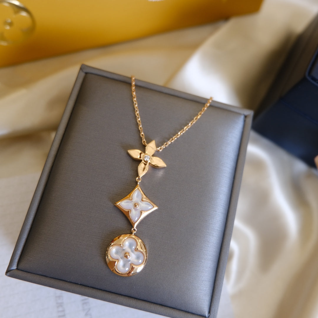 [Windsor Jewelry]COLOR BLOSSOM LARIAT NECKLACE PINK GOLD WHITE MOTHER PEARL AND DIAMOND