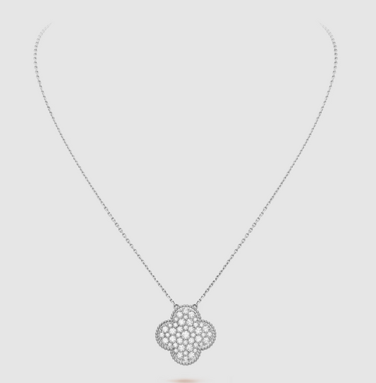 [Windsor Jewelry]CLOVER 25MM LARGE PENDANT DIAMOND PAVED SILVER NECKLACE