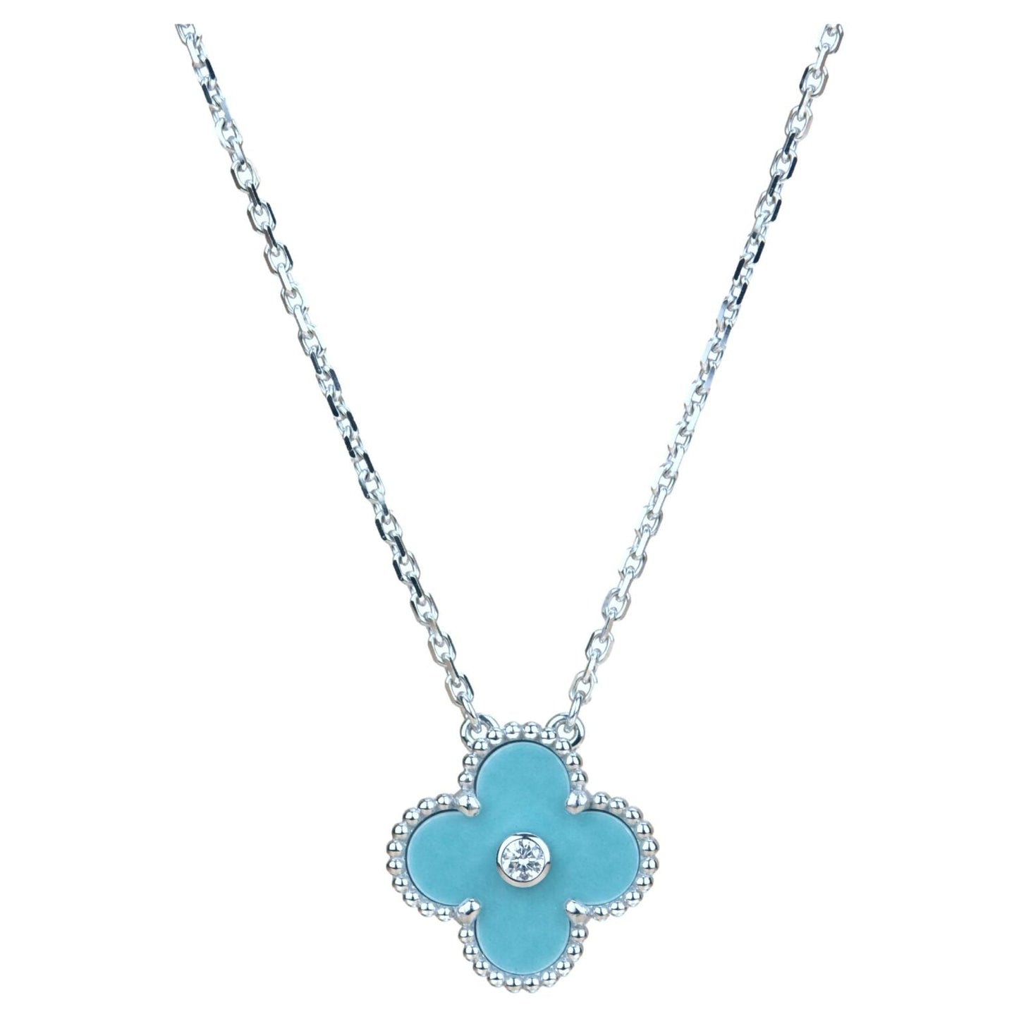 [Windsor Jewelry]CLOVER 15MM DIAMOND SVRES PORCELAIN  NECKLACE SILVER