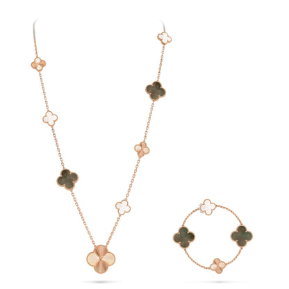 [Windsor Jewelry]DETACHABLE CLOVER 15(11+4) FLOWER ROSE GOLD NECKLACE SET
