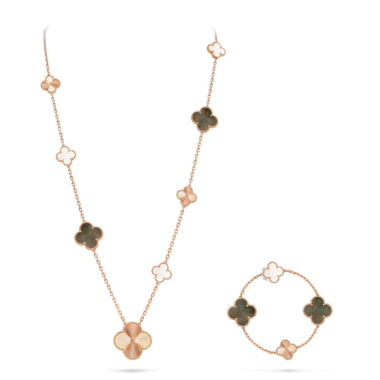 [Windsor Jewelry]DETACHABLE CLOVER 15(11+4) FLOWER ROSE GOLD NECKLACE SET
