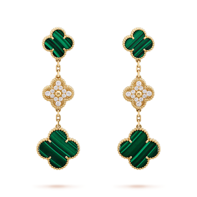 [Windsor Jewelry]CLOVER EARRINGS GOLD MALACHITE DIAMOND 3 MOTIF