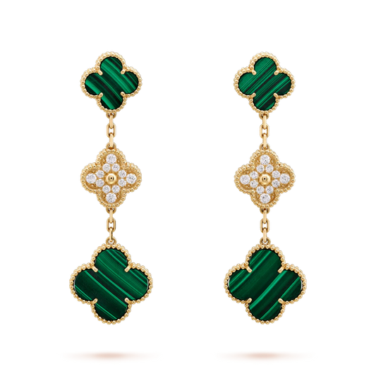 [Windsor Jewelry]CLOVER EARRINGS GOLD MALACHITE DIAMOND 3 MOTIF