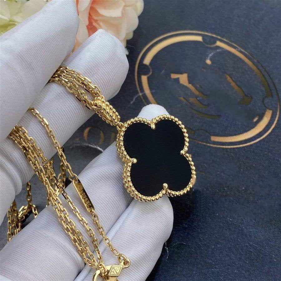 [Windsor Jewelry]CLOVER 25MM GOLD ONYX BIG CLOVER NECKLACE