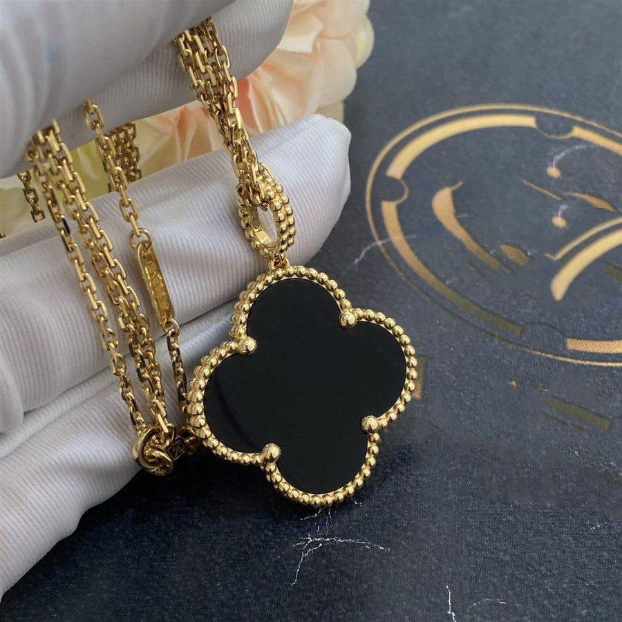 [Windsor Jewelry]CLOVER 25MM GOLD ONYX BIG CLOVER NECKLACE