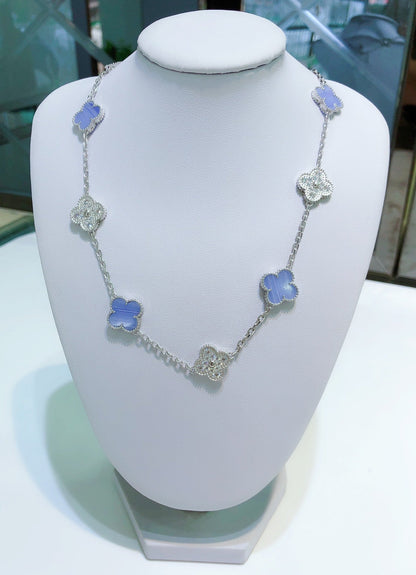 [Windsor Jewelry]CLOVER 10 MOTIFS CHALCEDONY DIAMONDS SILVER NECKLACE